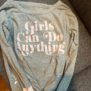 Chaser sweater with paint detail and pink stripes